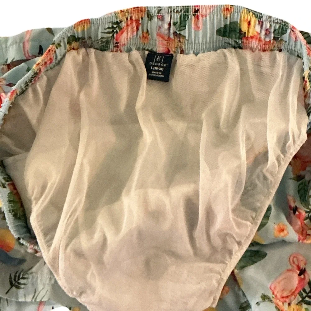 George Mens Flamingo Tropical Print Swim Trunks‎ Blue Floral Mesh Liner Large